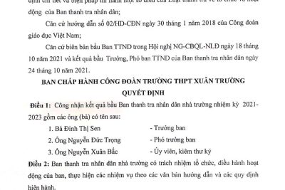 Quyết định công nhận Ban thanh tra nhân dân trường THPT Xuân Trường, nhiệm kỳ 2021-2023.