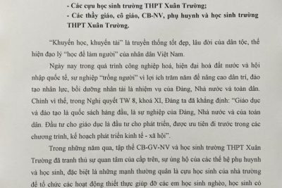 Thư kêu gọi ủng hộ quỹ khuyến học